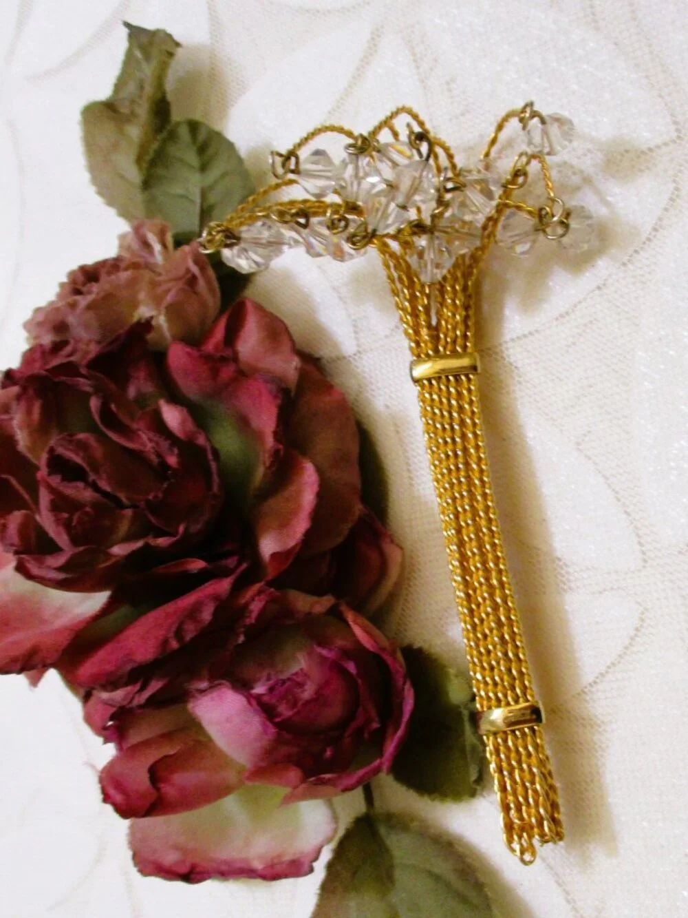 VINTAGE Fountain Spray Brooch: Gold Plate Crystal Dangle Statement Jewelry